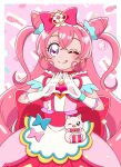  1girl :q apron back_bow bow brooch choker closed_mouth commentary cone_hair_bun cure_precious delicious_party_precure double_bun dress earrings fox gloves hair_bow hair_bun hairband heart heart_brooch highres jewelry kome-kome_(precure) kuromitsu_(963kuromi) large_bow light_particles long_hair looking_at_viewer magical_girl nagomi_yui off-shoulder_dress off_shoulder own_hands_together pink_dress pink_hair precure purple_eyes red_bow red_choker red_hairband red_ribbon ribbon smile solo standing tongue tongue_out very_long_hair waist_apron white_gloves 