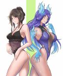  2girls :d absurdres ass bare_shoulders black_one-piece_swimsuit blue_fire blue_gloves blue_hair blue_one-piece_swimsuit breasts brighid_(water_lily)_(xenoblade) brighid_(xenoblade) brown_hair calmgreentori cleavage closed_eyes closed_mouth collarbone elbow_gloves english_commentary fire gloves green_background grin highres large_breasts long_hair looking_at_viewer morag_ladair_(obligatory_leave)_(xenoblade) morag_ladair_(xenoblade) multiple_girls one-piece_swimsuit red_eyes smile swimsuit teeth two-tone_background white_background xenoblade_chronicles_(series) xenoblade_chronicles_2 