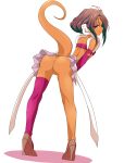  1girl ass bishoujo_senshi_sailor_moon castor_(sailor_moon) clam_curry cleft_of_venus clothing_cutout colored_skin facial_mark forehead_mark full_body gloves high_heels highres leaning_forward looking_at_viewer looking_back no_panties orange_skin pussy red_eyes red_hair simple_background single_glove single_thighhigh smile solo standing tail_raised thighhighs upskirt white_background 