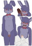  2023 5_fingers absurd_res anthro blue_body blue_fur blush bodily_fluids bonnie_(fnaf) bottomless clothed clothing drooling duo embarrassed erection fellatio fingers first_person_view five_nights_at_freddy&#039;s fur genitals half-closed_eyes half-erect hi_res lagomorph leporid male male/male mammal narrowed_eyes navel necktie nipples nude_male open_mouth oral penile penis rabbit red_eyes roo310 saliva scottgames sex shirt shirt_only simple_background spread_legs spreading sweat teeth tongue topwear topwear_only white_background white_body white_fur 
