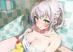  1girl absurdres bare_shoulders bathtub blush breasts cleavage collarbone commentary_request green_eyes grey_hair hair_between_eyes highres hololive isakoro_(hx9cj) large_breasts looking_at_viewer naked_towel partially_submerged ponytail rubber_duck shirogane_noel sidelocks sitting steam tile_wall tiles towel upper_body virtual_youtuber wet 