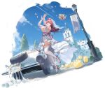  1girl ahoge arms_up azur_lane bird blue_sky bouquet_toss breasts bremerton_(azur_lane) bremerton_(joyride_of_love)_(azur_lane) bridal_veil car chick church day dress floating_hair flower full_body garter_straps hair_flower hair_intakes hair_ornament high_heels highres jewelry katsudansou lace-trimmed_legwear lace_trim large_breasts long_hair looking_at_viewer manjuu_(azur_lane) motor_vehicle multicolored_hair official_alternate_costume official_art one_eye_closed outdoors petals pink_eyes pink_hair ribbon ring sky standing standing_on_one_leg stiletto_heels streaked_hair striped striped_ribbon thighhighs veil wedding_dress wedding_ring white_dress white_thighhighs 