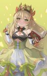  1girl absurdres bare_shoulders blonde_hair book butterfly_hair_ornament celine_(fire_emblem) closed_mouth dress fire_emblem fire_emblem_engage gold_crown green_background green_dress green_eyes hair_ornament highres holding holding_book looking_at_viewer pearlbbbb swept_bangs 