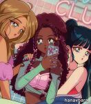  1990s_(style) 3girls bare_shoulders black_hair blue_eyes brown_hair cellphone dark-skinned_female dark_skin earrings flora_(winx_club) green_eyes gyaru hanavbara holding holding_phone hoop_earrings jewelry layla_(winx_club) light_brown_hair long_hair multiple_girls musa_(winx_club) off_shoulder open_mouth parted_lips phone pink_nails pink_sleeves retro_artstyle smartphone twintails winx_club 