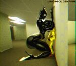  ambiguous_gender anthro black_body breasts clothing duo female footwear hazmat_suit high_heels human linorgoldenfish mammal no_pupils nude tagme the_backrooms wall_(structure) 