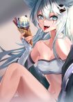  1girl absurdres animal_ears arknights bandeau breasts cleavage fangs food gloves grey_bandeau grey_gloves grey_hair hair_between_eyes hair_ornament hairclip highres holding holding_food holding_ice_cream_cone ice_cream_cone jacket knee_up lappland_(arknights) long_hair looking_at_viewer navel off_shoulder open_clothes open_jacket open_mouth scar scar_across_eye shengyuan_03 sitting small_breasts solo stomach strapless tongue tongue_out tube_top wolf_ears wolf_girl 