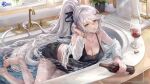  1girl absurdres azur_lane bare_legs barefoot bathtub bibimbub black_bra black_ribbon black_shorts bottle bra braid breasts cleavage copyright_name cork cup drinking_glass expressionless faucet feet foot_out_of_frame glint grey_hair hair_between_eyes hair_ornament hair_ribbon hairclip halterneck hand_in_own_hair highres holding holding_bottle kirov_(azur_lane) kirov_(blend_r)_(azur_lane) lace-trimmed_bra lace_trim large_breasts legs logo long_hair looking_at_viewer midriff milestone_celebration off_shoulder official_alternate_costume official_art open_clothes open_shirt parted_lips partially_submerged ponytail red_wine ribbon see-through shirt short_shorts shorts solo swept_bangs toes towel towel_rack underwear very_long_hair water watermark wet wet_clothes wet_shirt white_shirt wine_bottle wine_glass yellow_eyes 