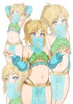  2023 absurd_res armwear blonde_hair breath_of_the_wild bulge clothed clothing crossdressing elf gerudo_outfit girly hair hashitea hi_res humanoid humanoid_pointy_ears hylian light_body light_skin link male navel nintendo not_furry pose simple_background smile solo the_legend_of_zelda translucent translucent_clothing veil 