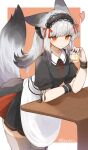  1girl andou_yuna animal_ears arknights artist_name black_dress black_hairband black_wrist_cuffs blush cowboy_shot cup diamond-shaped_pupils diamond_(shape) dress drink fox_ears fox_girl fox_tail frostleaf_(arknights) grey_hair grey_thighhighs hairband heart highres holding holding_cup holding_drink looking_at_viewer maid neck_ribbon red_eyes red_ribbon ribbon sidelocks solo symbol-shaped_pupils tail thighhighs tumbler_glass twintails twitter_username 