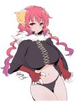  1girl artist_name black_panties breasts claws commentary dragon_girl fur_collar gradient_hair hair_between_eyes highres horns ilulu_(maidragon) kobayashi-san_chi_no_maidragon large_breasts long_hair multicolored_hair navel panties pointy_ears purple_hair red_eyes red_hair relaxjon short_sleeves solo underwear very_long_hair white_background wide_sleeves 