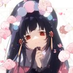  1girl black_hair bonnet closed_mouth genshin_impact hand_on_own_chin highres long_hair long_sleeves looking_at_viewer pom_pom_(clothes) portrait red_eyes simple_background solo white_background wkwk0217 yun_jin_(genshin_impact) 