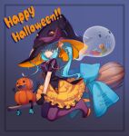  1girl absurdres blue_hair bow bow_skirt broom broom_riding candy candy_hair_ornament corset food food-themed_hair_ornament frilled_skirt frills full_body ghost hair_ornament hair_ribbon halloween happy_halloween hat hatsune_miku high_heels highres jack-o&#039;-lantern lollipop lollipop_hair_ornament long_hair looking_at_viewer nana_mikoto one_eye_closed pantyhose puff_and_slash_sleeves puffy_short_sleeves puffy_sleeves pumpkin ribbon short_sleeves skirt smile solo sparkle twintails very_long_hair vocaloid witch witch_hat wrapped_candy 