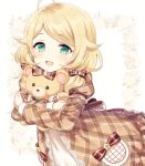  1girl ahoge blonde_hair blue21 blush bow brown_dress brown_ribbon cinderella_girls_gekijou dress floral_background green_eyes holding holding_stuffed_toy idolmaster idolmaster_cinderella_girls idolmaster_cinderella_girls_u149 long_sleeves looking_at_viewer low_twintails open_mouth plaid plaid_dress puffy_sleeves ribbon smile solo stuffed_animal stuffed_toy teddy_bear twintails white_background yusa_kozue 