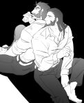  2boys back-to-back bara beard chest_hair collared_shirt couple cowboy_hat facial_hair feet_out_of_frame graves_(league_of_legends) greyscale hair_slicked_back hat karipaku league_of_legends long_hair male_focus mature_male monochrome multiple_boys mustache pectoral_cleavage pectorals shirt short_hair sitting smoking thick_eyebrows twisted_fate yaoi 