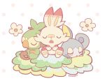  artist_name chestnut_mouth closed_eyes closed_mouth commentary floral_background grookey kotorai lying on_stomach pokemon pokemon_(creature) pokemon_(game) pokemon_swsh scorbunny simple_background sitting sleeping sobble starter_pokemon_trio teeth upper_teeth_only 