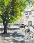  6+others bicycle car day highres motor_vehicle multiple_others original painting_(medium) road sakaue111 shadow street sunlight traditional_media tree tree_shade watercolor_(medium) 