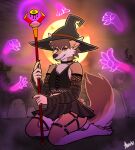  absurd_res airashinsfw anthro canid canine canis clothing disembodied_hand fox ghost_hands girly halloween hat headgear headwear hi_res holidays hybrid magic_user male mammal neslo_(airashinsfw) solo witch witch_costume witch_hat wolf 