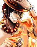  1boy absurdres black_hair fire freckles hat highres holding holding_clothes holding_hat jewelry muu_started_drawing necklace one_piece pointing portgas_d._ace red_eyes simple_background smile solo topless_male white_background 