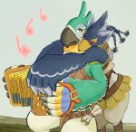  accordion anthro avian beak blue_body blue_feathers braided_hair braided_ponytail breath_of_the_wild duo embrace feathers hair hug hugging_from_behind kass_(tloz) male male/male musical_instrument nintendo ponytail revali rito sheep_riritoto size_difference the_legend_of_zelda 