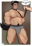  2boys abs animal_collar bara beard_stubble black_hair blush boxer_briefs bulge collar dog_tail english_text fake_tail furrowed_brow ginger_alex_(drawingsns1uff) grey_male_underwear highres holding holding_leash human_dog kneeling large_pectorals leash looking_at_another lucas_lee male_focus male_underwear multiple_boys muscular muscular_male navel nipples pectorals pet_play scott_pilgrim_takes_off short_hair smile solo_focus stomach tail thick_eyebrows thick_navel_hair thick_thighs thighs topless_male underwear yaoi 