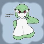  ay03 big_breasts breasts cleavage clothed clothing dialogue female gardevoir generation_3_pokemon green_hair hair hi_res huge_breasts humanoid looking_at_viewer nintendo pokemon pokemon_(species) red_eyes simple_background solo text white_body 