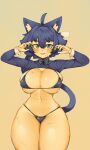  ahoge animal_humanoid big_breasts blue_eyes blue_hair blush bra breasts cat_humanoid clothing fangs felid felid_humanoid feline feline_humanoid female hair hi_res huge_breasts huge_thighs humanoid looking_at_viewer mammal mammal_humanoid navel open_mouth panties pincerpencil scar simple_background smile solo standing tail teeth thick_thighs underwear unknown_character wide_hips 