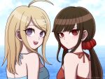  2girls :d ahoge akamatsu_kaede artist_name bare_shoulders bikini blonde_hair brown_hair danganronpa_(series) danganronpa_s:_ultimate_summer_camp danganronpa_v3:_killing_harmony earrings frown hair_ornament hair_scrunchie harukawa_maki highres jewelry long_hair low_twintails mole mole_under_eye multiple_girls musical_note musical_note_hair_ornament ocean purple_eyes red_bikini red_eyes red_scrunchie scrunchie smile suiren_yurei swimsuit teeth twintails upper_teeth_only white_background 