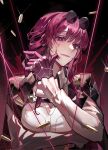  1girl artist_name black_jacket blood blood_on_face breasts bullet cleavage closed_mouth collared_shirt eyewear_on_head gloves hair_between_eyes highres honkai:_star_rail honkai_(series) jacket jewelry kafka_(honkai:_star_rail) large_breasts light_particles long_hair long_sleeves looking_at_viewer multiple_rings pince-nez purple-tinted_eyewear purple_gloves ring round_eyewear shirt sidelocks smile solo sunglasses tinted_eyewear tow_032 upper_body white_shirt 