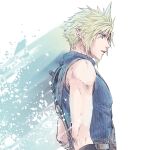  1boy armor blonde_hair blue_eyes blue_sweater cloud_strife commentary final_fantasy final_fantasy_vii final_fantasy_vii_remake from_side highres male_focus parted_lips profile ribbed_sweater short_hair shoulder_armor single_bare_shoulder sleeveless sleeveless_turtleneck solo spiked_hair suspenders sweater turtleneck turtleneck_sweater upper_body warori_anne 