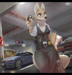  anthro anya_isklo breasts canid canine canis car car_alarm cleavage clothed clothing disney female file grizzlygus handbag hi_res hinget holstered_pistol interpol mammal parking_garage police police_car police_officer solo suit suit_vest swedish_flag vehicle wanted_poster wolf zootopia 