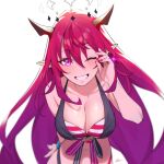  1girl bikini breasts dasdokter earrings halo highres hololive hololive_english hololive_summer_2023_swimsuit horns irys_(hololive) jewelry large_breasts leaning_forward one_eye_closed pointy_ears purple_eyes purple_hair purple_nails signature smile striped striped_bikini swimsuit virtual_youtuber white_background 