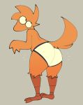  3_fingers anthro avian avian_feet bird butt clothed clothing feathers fingers hair hi_res looking_back male orange_body orange_feathers orange_tail raised_tail simple_background solo squishy_(artist) standing tail underwear underwear_only wide_hips zac_(squishy) 