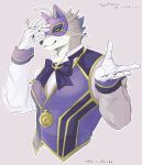  anthro blue_eyes canid canine clock clothing fox fur gloves grey_body grey_fur handwear hi_res izm_rm7 jewelry lifewonders live_a_hero male mammal mask necklace purple_clothing smile solo supervillain topwear vest vulpecula watch 