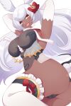  1girl animal_ears armpits arms_behind_head arms_up ass black_leotard blush bow bowtie breasts cameltoe dark-skinned_female dark_skin elbow_gloves erune frilled_thighhighs frills gloves granblue_fantasy highres large_breasts leotard long_hair looking_at_viewer makura_(granblue_fantasy) navel open_mouth rabbit_ears rabbit_girl see-through see-through_black_leotard see-through_skirt skirt thighhighs thighs utani_(punishment) white_bow white_bowtie white_frilled_thighhighs white_hair white_rabbit_ears white_thighhighs yellow_eyes 