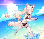  1girl 1other absurdres alternate_costume bare_legs barefoot beach bikini black_bikini black_eyes blonde_hair blue_sky breasts cleavage cloud heterochromia highres lee_jooin luceee mole mole_on_breast mouse navel ocean ponytail running sky swimsuit tail v-lup virtual_youtuber water_gun 