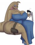  2023 5_fingers anthro bedroom_eyes big_breasts blue_clothing blue_dress blue_eyeshadow blue_high_heels blue_lipstick breasts brown_body brown_fur brown_hair chubby_anthro chubby_female cleavage clothed clothing dewwydarts dress eyeshadow female fingers fur generation_4_pokemon gun hair handgun hi_res huge_breasts huge_thighs lagomorph leg_holster lipstick long_ears looking_at_viewer lopunny lucy_(dewwydarts) makeup mammal motion_lines narrowed_eyes nintendo pink_eyes pokemon pokemon_(species) ranged_weapon revolver seductive simple_background sitting smile solo spinning_weapon thick_thighs weapon white_background 