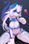  anthro blue_body blue_eyes blush bra breasts clothing female fish gloves hair handwear hi_res horn legwear looking_at_viewer maid_uniform marine panties shark simple_background soda_(soda_uyu) solo stockings tail underwear uniform white_hair whooo-ya 