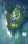  1other absurdres bush chinese_commentary clefs27 commentary_request cracked_mask fence grass grey_cloak highres hollow_knight impaled knight_(hollow_knight) lamppost mask nail_(hollow_knight) no_humans overgrown plant thorns vines 