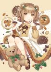  1girl almond animal_ears ankle_strap aona_(noraneko) apron bear_ears bear_girl bloomers blunt_bangs bow brown_bow brown_eyes brown_footwear brown_hair brown_ribbon brown_shirt brown_skirt center_frills chocolate closed_mouth cross-laced_clothes doily food food-themed_background footwear_bow frills full_body gem green_bow hand_to_own_mouth heart-shaped_gem highres holding holding_food long_sleeves looking_at_viewer maid_apron mary_janes neck_ribbon nut_(food) original puffy_long_sleeves puffy_sleeves red_gemstone ribbon shirt shoes short_hair_with_long_locks sitting skirt smile socks striped striped_bow stuffed_animal stuffed_toy tart_(food) teddy_bear underwear wavy_hair white_bloomers yellow_background yellow_socks 