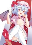  akasaka_sato bat_wings blue_hair breasts collared_shirt cum cum_on_clothes embodiment_of_scarlet_devil fang flat_chest frilled_skirt frilled_sleeves frills hat high_heels highres mob_cap panties penis red_eyes remilia_scarlet shirt skirt small_breasts thighhighs touhou underwear white_thighhighs wings 