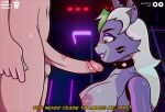  absurd_res animatronic anthro breasts canid canine canis collar duo ear_piercing female five_nights_at_freddy&#039;s five_nights_at_freddy&#039;s:_security_breach gradient_background hair hi_res kevwrite machine male male/female mammal nipples piercing purple_body robot roxanne_wolf_(fnaf) scottgames simple_background steel_wool_studios subtitled white_hair wolf yellow_eyes 