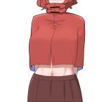  1girl arms_behind_back cape english_commentary head_out_of_frame highres mata_(matasoup) navel red_cape red_hair sekibanki skirt stomach touhou white_background 