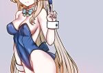  1girl ass bare_shoulders blonde_hair blue_archive blue_background bow bowtie breasts cleavage covered_navel detached_collar earpiece facing_viewer jazz_jack long_hair playboy_bunny simple_background solo toki_(blue_archive) toki_(bunny)_(blue_archive) v wrist_cuffs 