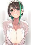  1girl black_hair breasts brown_hair cleavage clenched_teeth collarbone commentary_request gen_(black_factory) green_eyes green_hair hair_over_one_eye highres large_breasts long_sleeves looking_at_viewer multicolored_hair open_clothes open_shirt original revision shirt short_hair smile solo streaked_hair teeth two-tone_hair upper_body white_shirt 