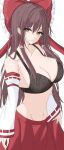  1girl 7saki alternate_breast_size bare_shoulders black_bra bow bra breasts brown_eyes brown_hair collarbone cowboy_shot detached_sleeves frilled_bow frilled_hair_tubes frills groin hair_between_eyes hair_bow hair_tubes hakurei_reimu head_tilt highres large_breasts long_hair no_shirt red_bow red_ribbon red_skirt ribbon ribbon-trimmed_sleeves ribbon_trim simple_background skinny skirt solo touhou underwear white_background 