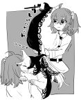  1boy 1girl :3 absurdres animal_ears animalization ashiya_douman_(fate) carrying cat cat_ears closed_eyes fate_(series) fujimaru_ritsuka_(female) greyscale highres monochrome nyarou sweatdrop 