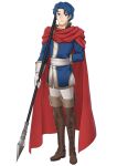 1boy absurdres alva_(fire_emblem) blue_coat blue_eyes blue_hair boots brown_footwear cape coat ebinku fire_emblem fire_emblem:_thracia_776 full_body gloves highres holding holding_polearm holding_weapon looking_at_viewer pants polearm red_cape weapon white_gloves white_pants 
