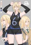  1girl absurdres bag bandaged_hand bandages blonde_hair breasts brown_eyes elbow_sleeve fuku_(fuku12290574) hair_between_eyes height highres long_hair looking_at_viewer original school_bag school_uniform simple_background solo sportswear sweat sweatdrop tall_female translated volleyball_uniform 