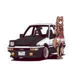  1girl animal_ears arm_guards belt boots brown_belt brown_footwear brown_gloves brown_hair car closed_mouth commentary dress english_commentary gloves hand_on_own_hip jestami knee_boots license_plate long_hair looking_at_viewer motor_vehicle neck_ribbon raccoon_ears raccoon_girl raccoon_tail raphtalia red_dress red_ribbon ribbon short_dress simple_background solo tail tate_no_yuusha_no_nariagari toyota toyota_sprinter_trueno vehicle_focus white_background 