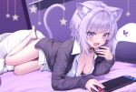  1girl :d animal_ear_fluff animal_ears barefoot black_choker breasts cat_ears cat_girl cat_tail choker cleavage commentary deadnooodles handheld_game_console heart highres hololive long_sleeves looking_at_viewer lying medium_breasts nekomata_okayu nintendo_switch purple_eyes purple_hair shirt short_hair smile solo symbol-only_commentary tail thighs virtual_youtuber white_shirt 
